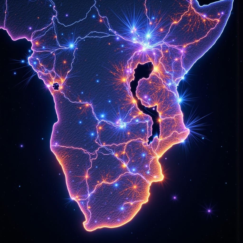 Zambia Victoria Falls Map in Bioluminescent Neon Style