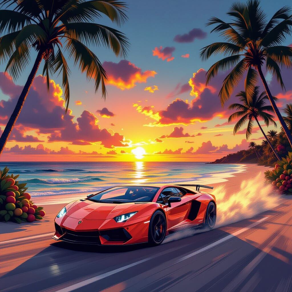 Lamborghini on Tropical Beach at Sunset in Retro-Futuristic ...