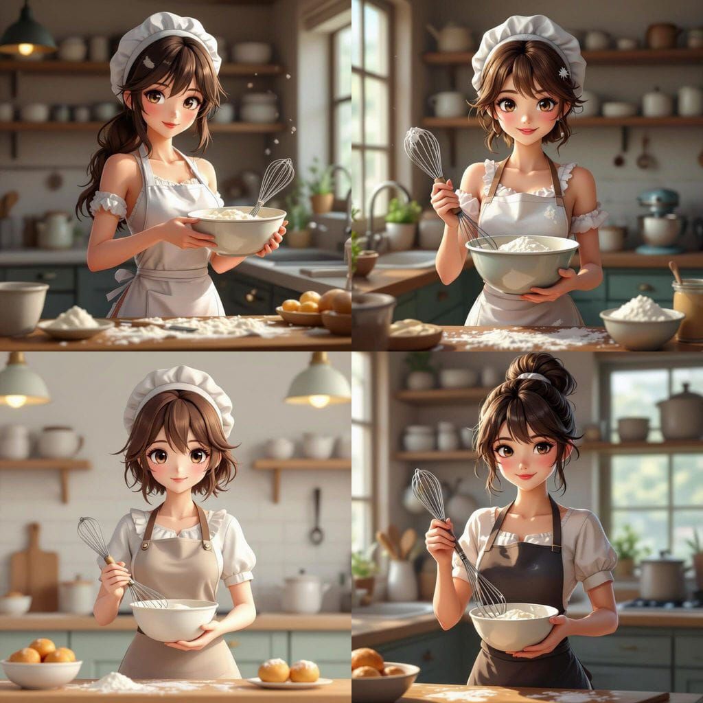 Female Baker with Bowl and Whisk in Modern Cartoon Style