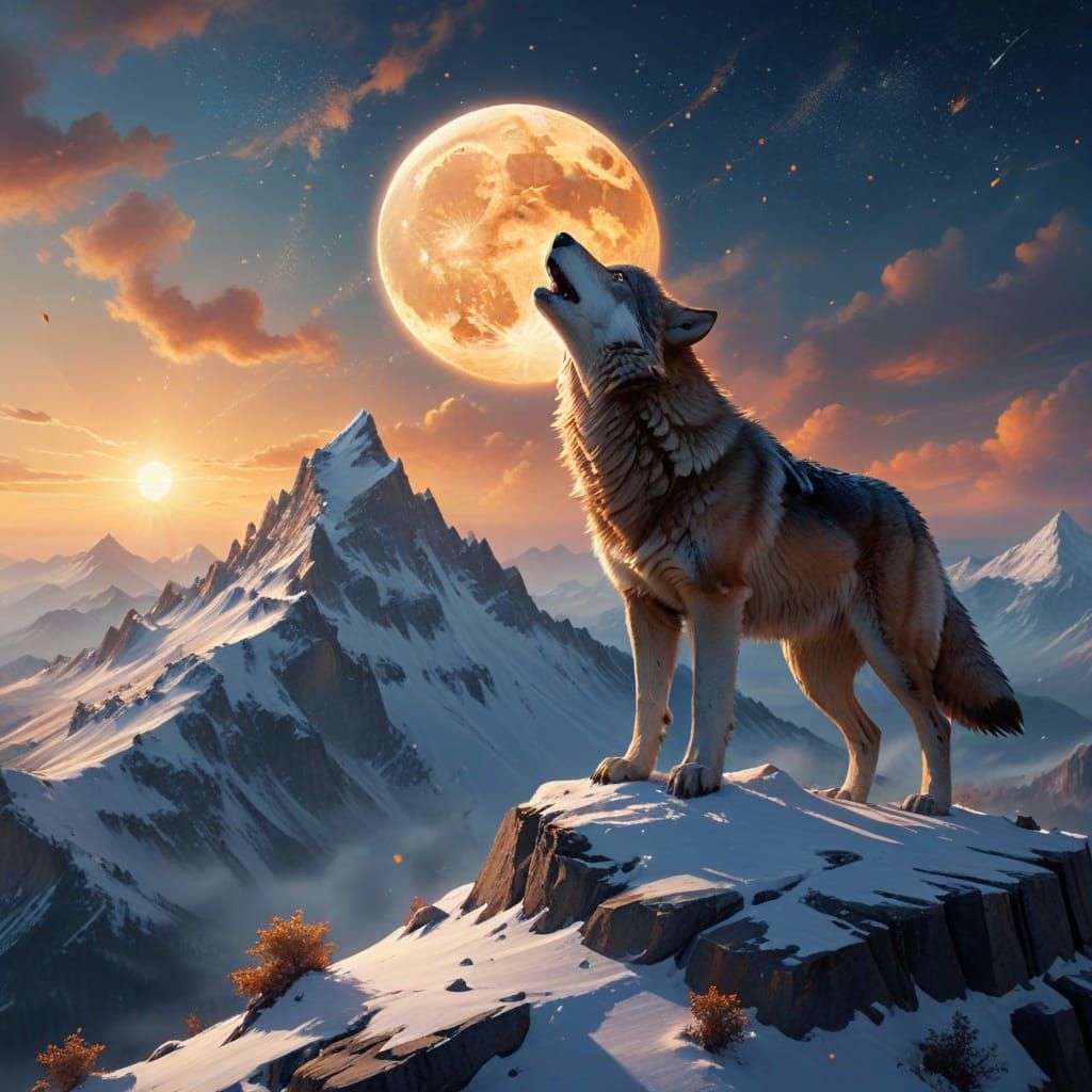 Lone Wolf Howling at Moon in Turner Style