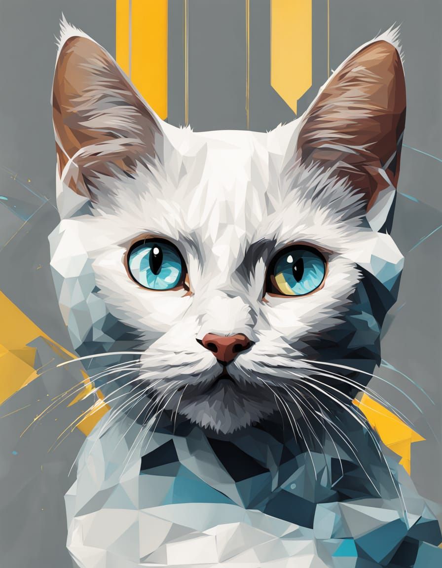 Modern White Cat in Geometric Background