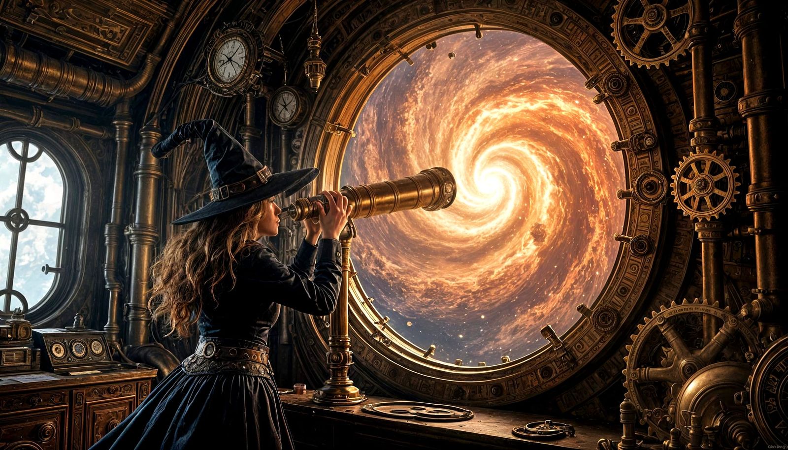 Witch in Clockwork Observatory Gazing at Nebula