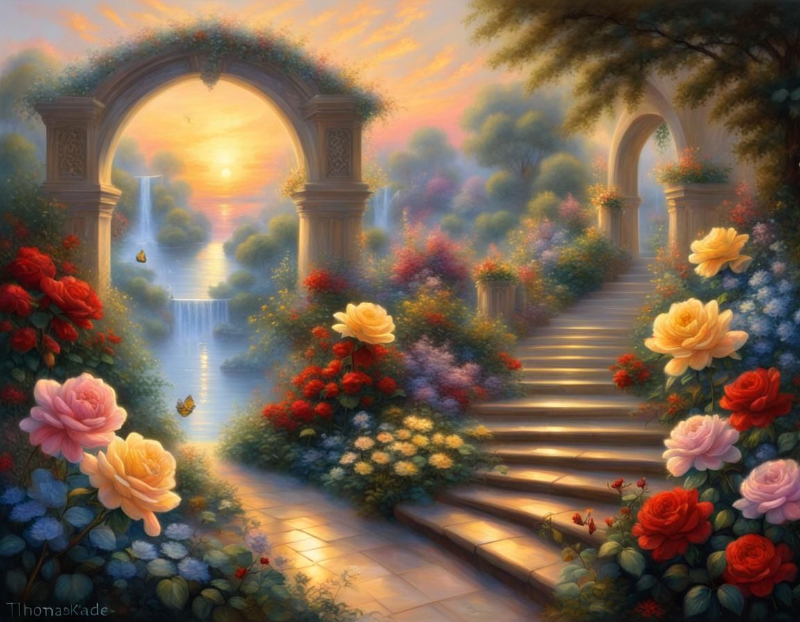 Ethereal Garden Path with Sunset, an Oil Painting
