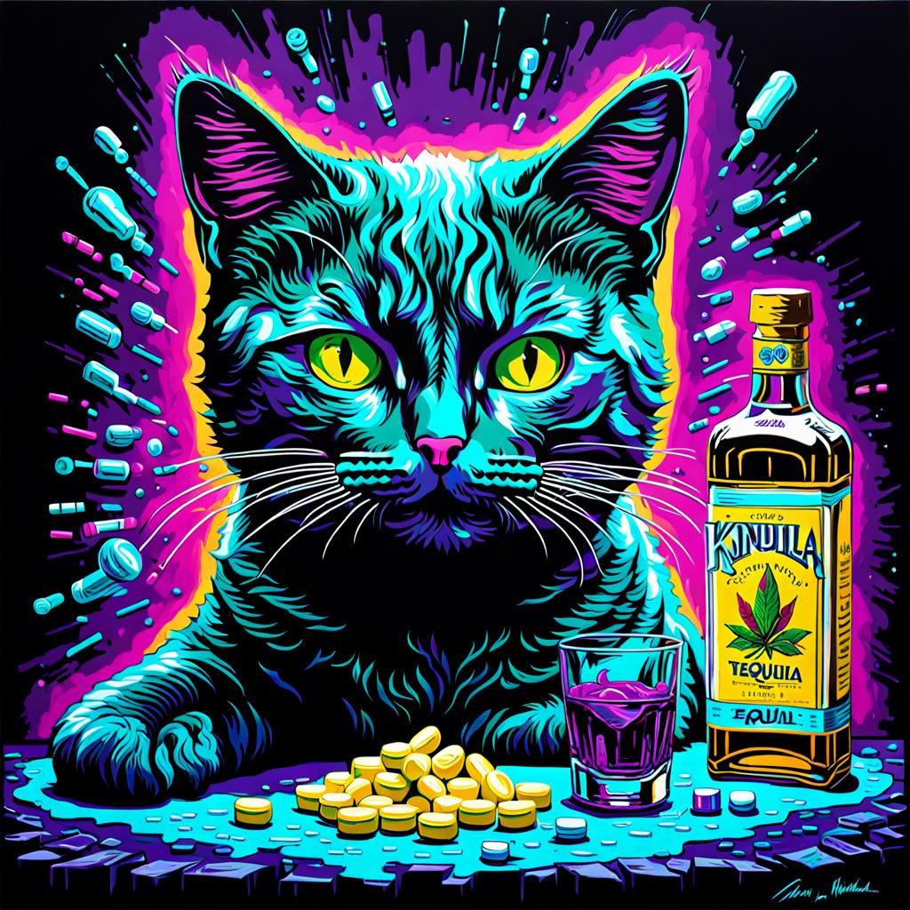 Bipolar Cat's Self-Medication: A Blacklight Impasto Painting