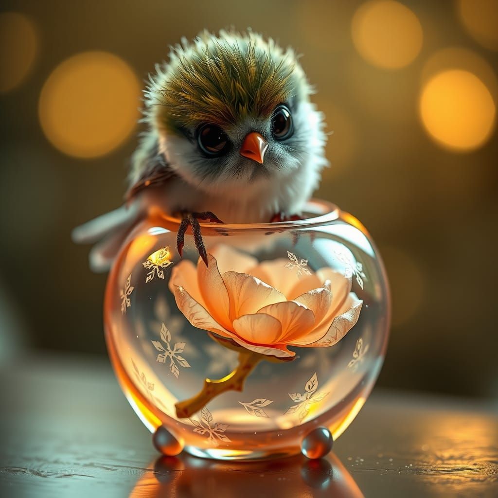 Bird on Crystal Apple with Glass Peony