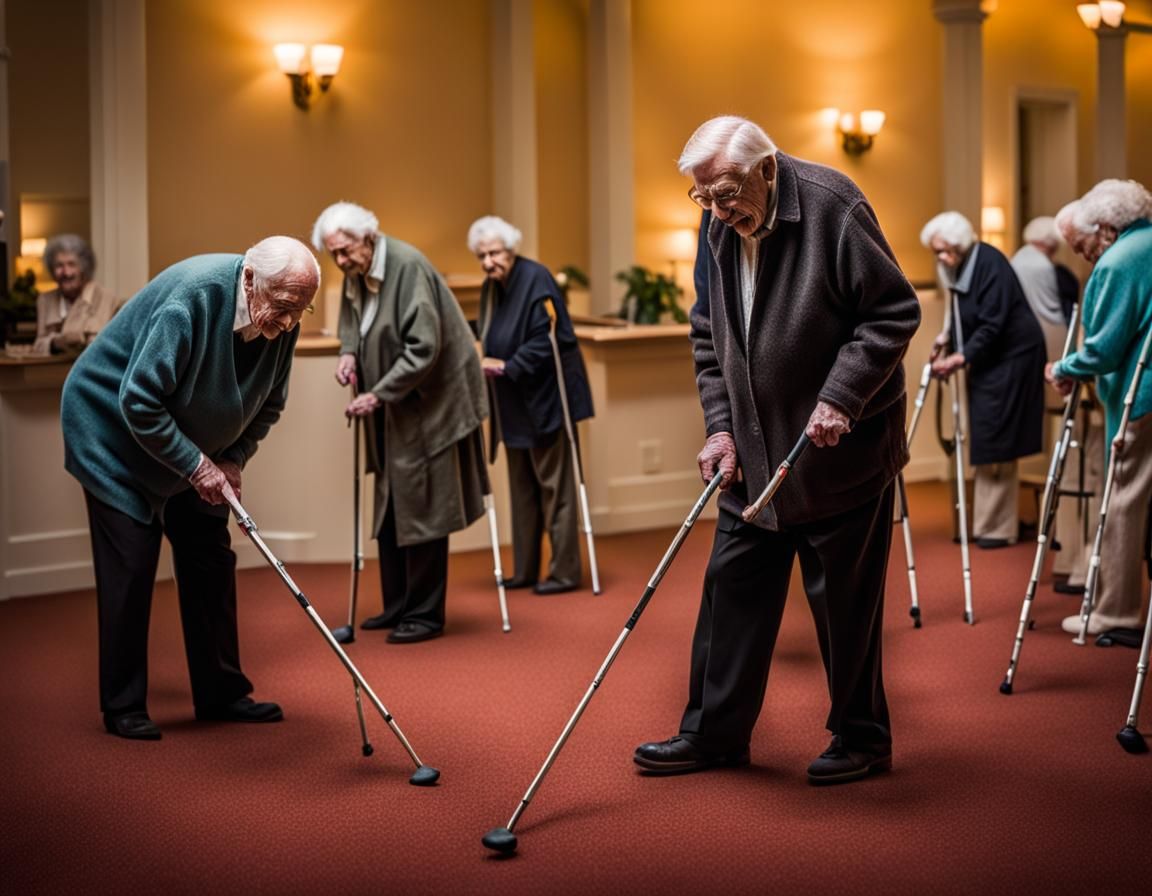 Senior Citizens Playing Floor Hockey with their Crutches