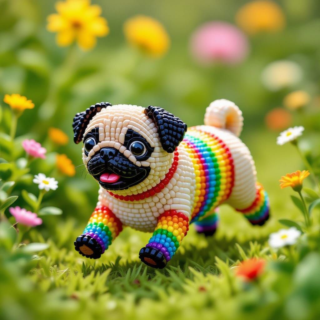 Rainbow Bead Pug Running in Garden