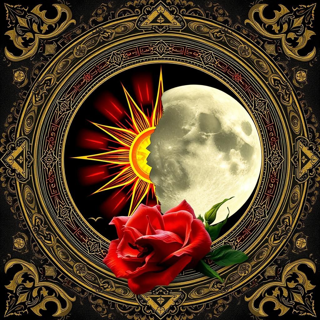 a detailed sun and moon, a fractured red rose, filigree patt...