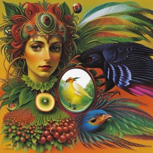 Surreal Face of Fruit and Birds in Dada Style