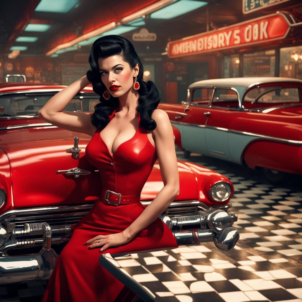 Classic American Pin-Up Girl at a Diner
