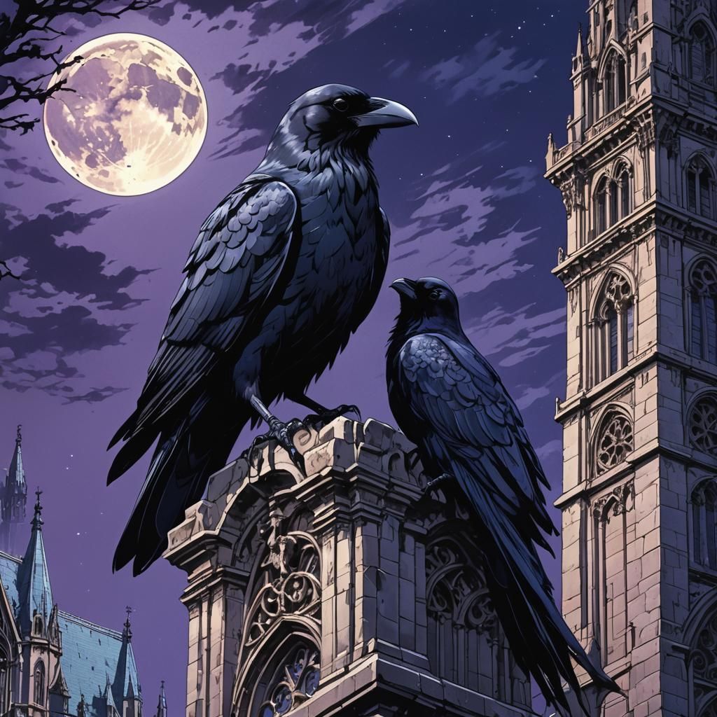 Anime Crow on Gothic Cathedral Under Moonlight