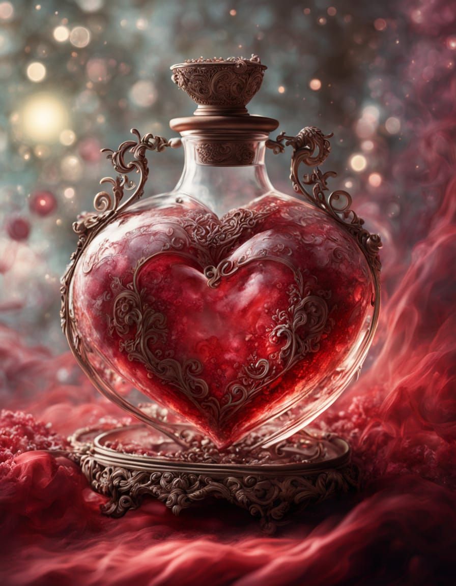 Mysterious Heart Flask with Ruby Fluid in Sfumato Style
