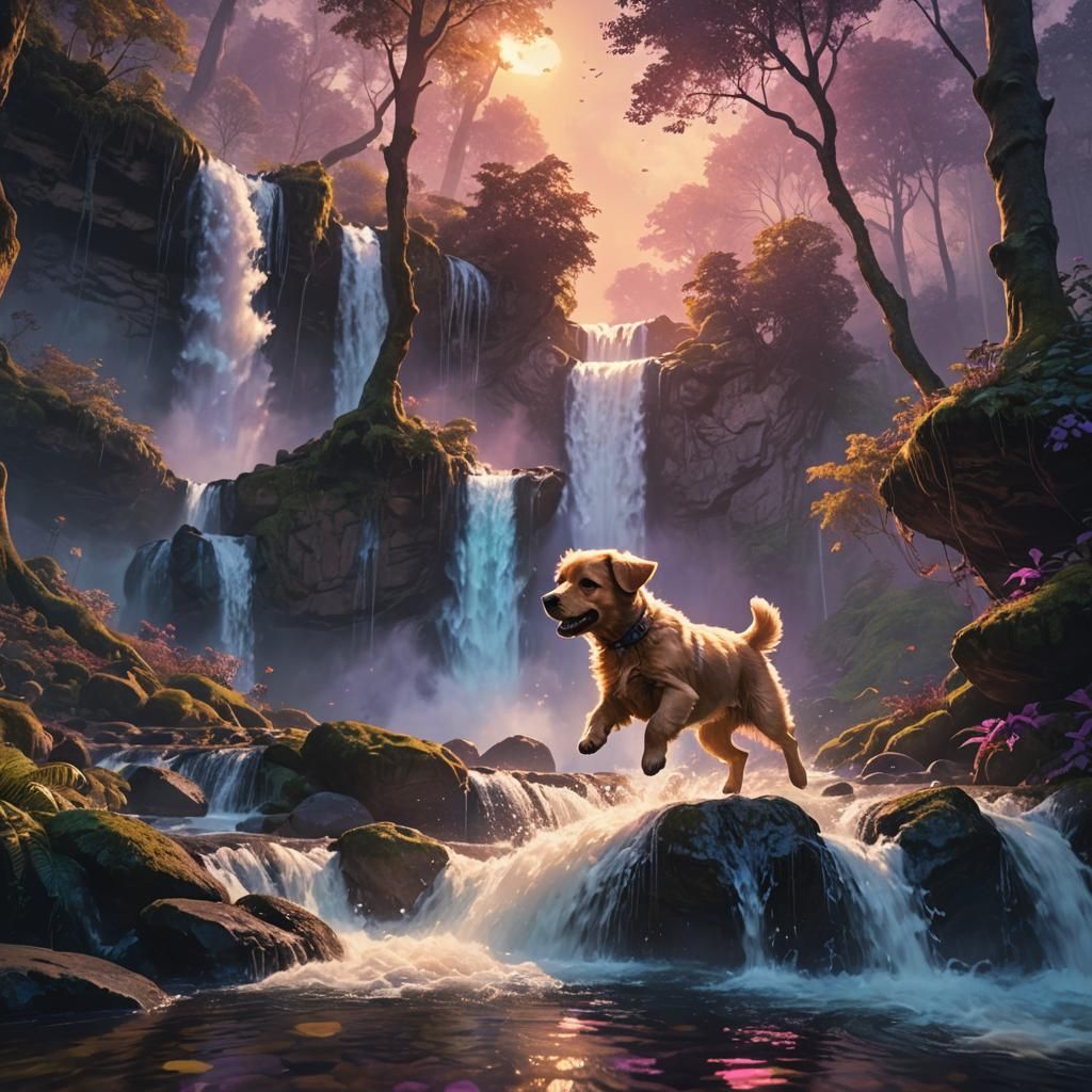 Dreamlike Puppy Leaping Into Waterfall: Fantasy Concept Art