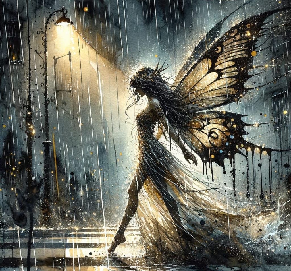 Fantasy Fairy in Heavy Rain - Watercolor Concept Art