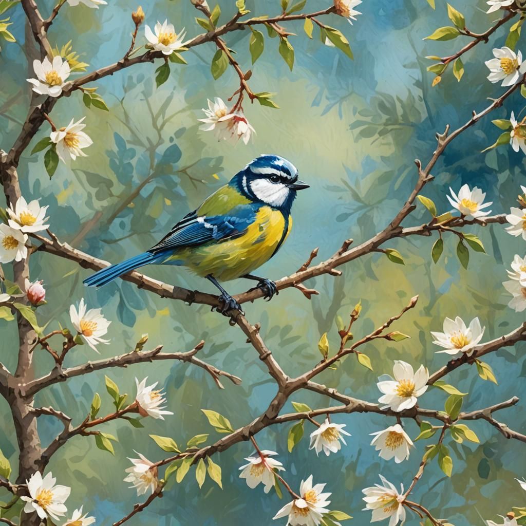 Bluetit on Spring Branch: Gouache Watercolor Masterpiece