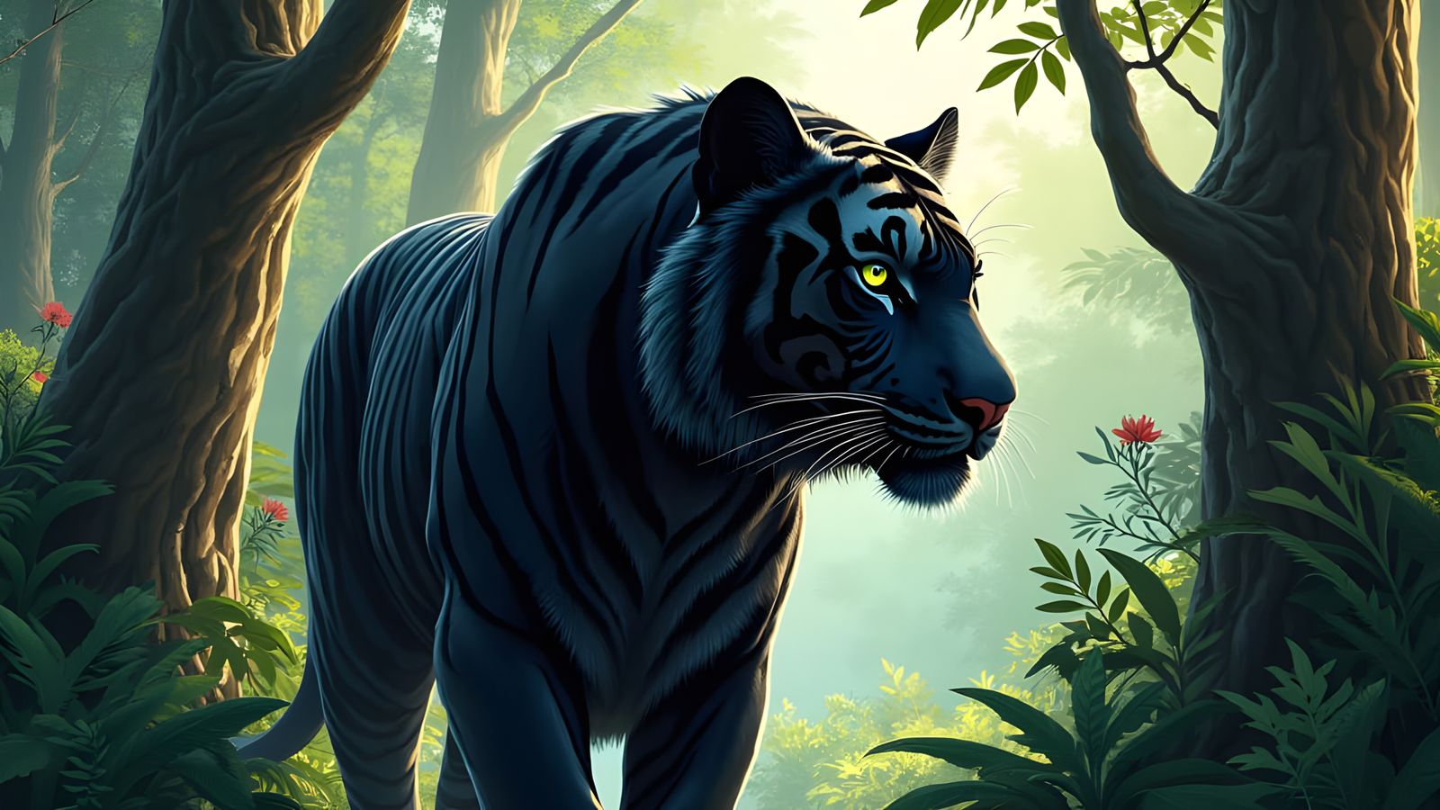 Majestic Black Tiger in Tropical Forest