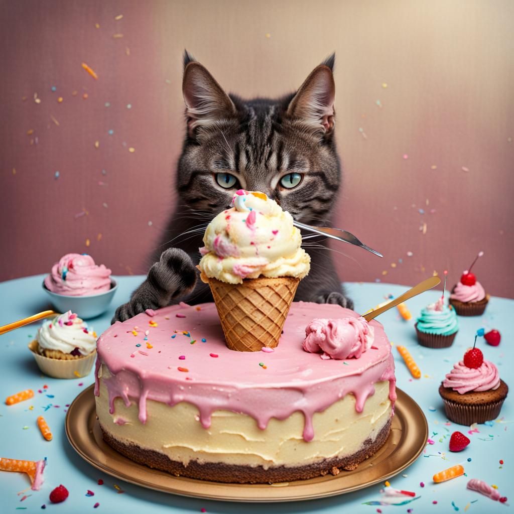 Cat Eats Birthday Cake and Ice Cream