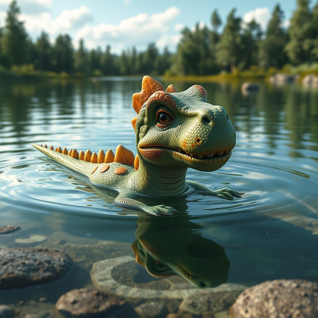 Cute Hyperrealistic Dinosaur in a Lake, Tears Flowing