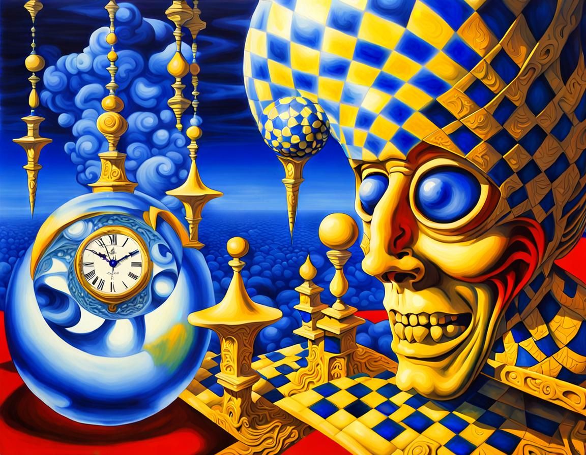 Two yellow jesters with lapiz lazuli cristal clock heads, Me...