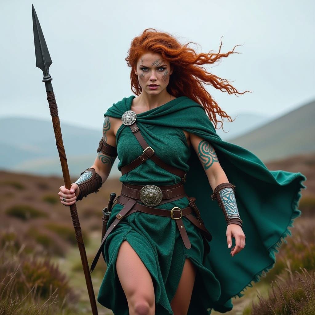 Surreal Pictish Warrior Woman Strides Across Windswept Heath