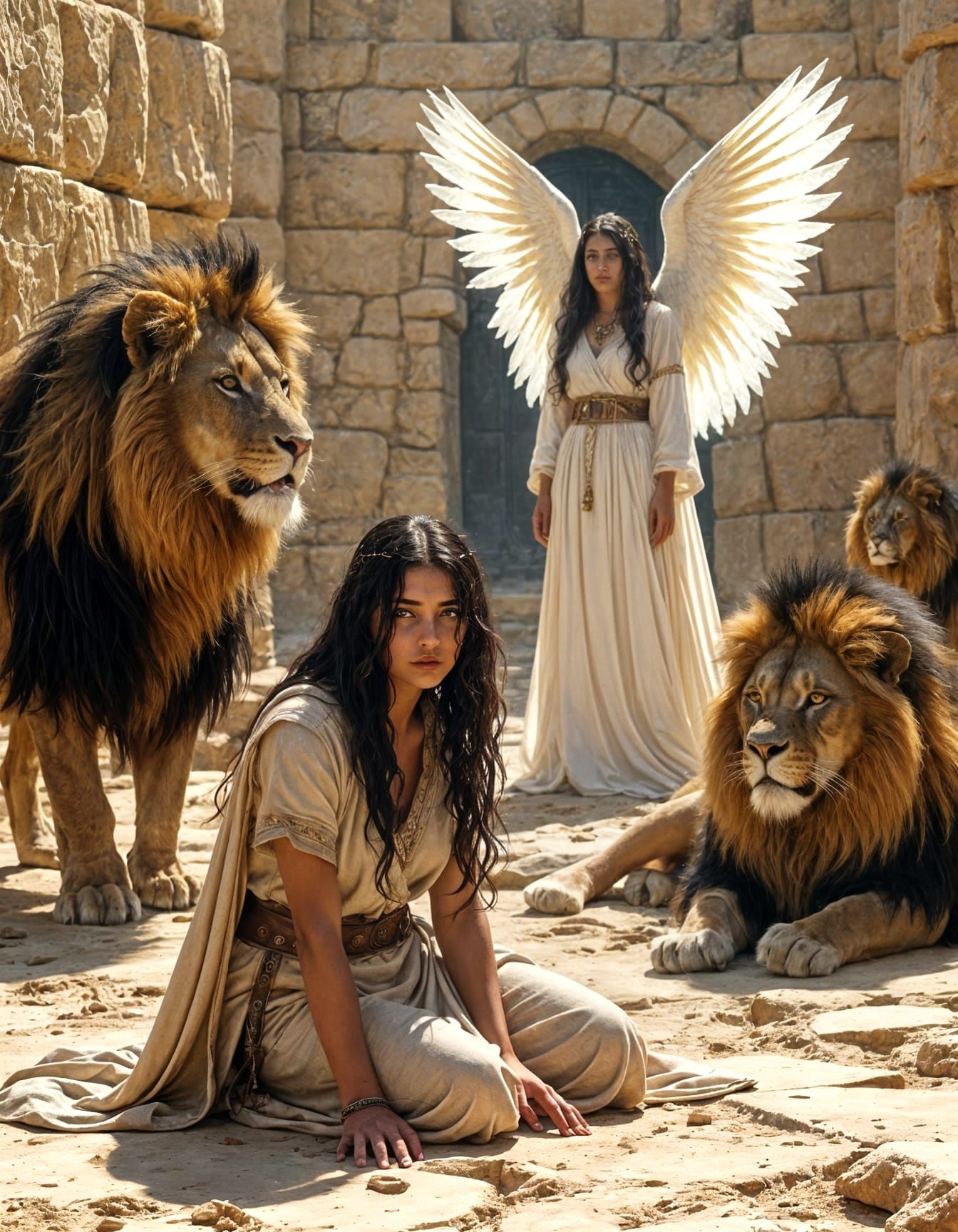Terrified Woman Protected by Angel from Lions