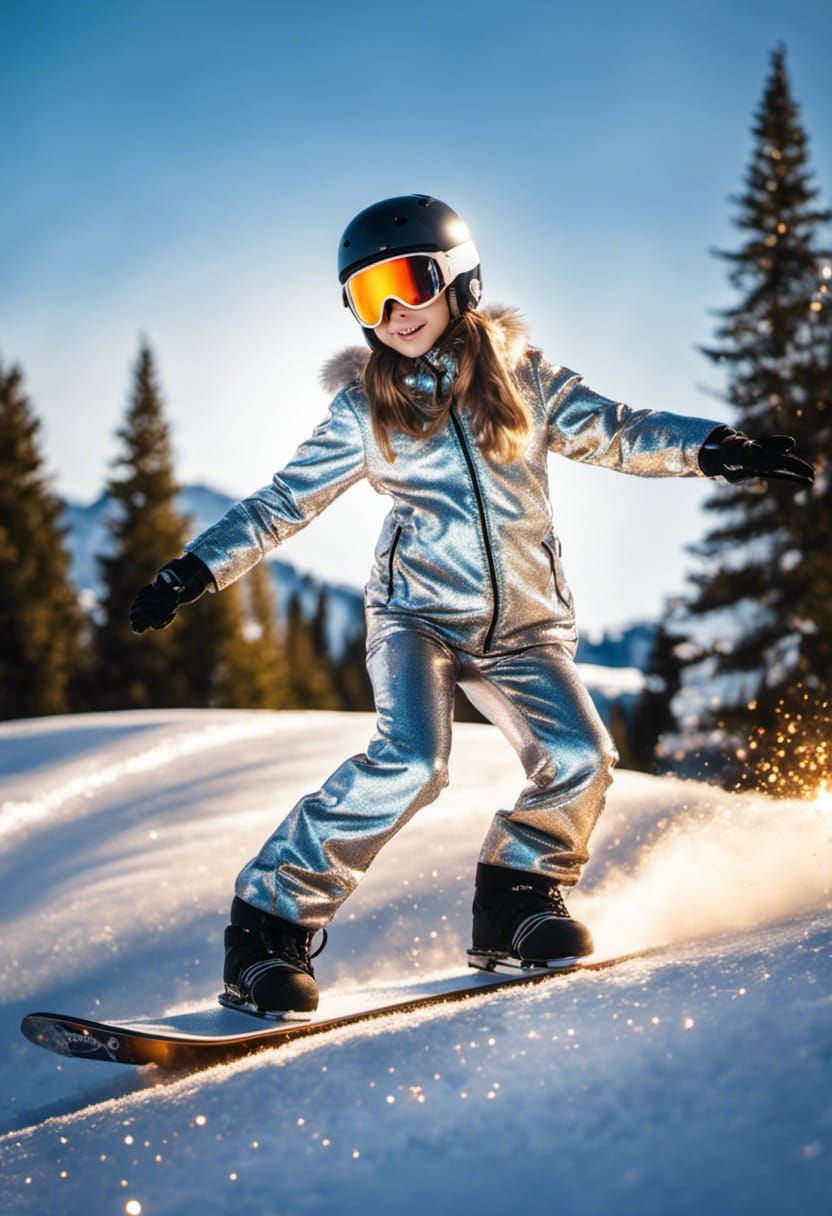 Girl Snowboarding in a Sparkling Winter Wonderland