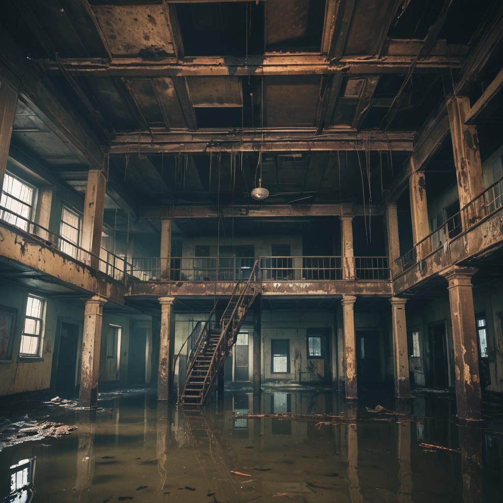 Dystopian Abandoned Building Interior with Eerie Lighting