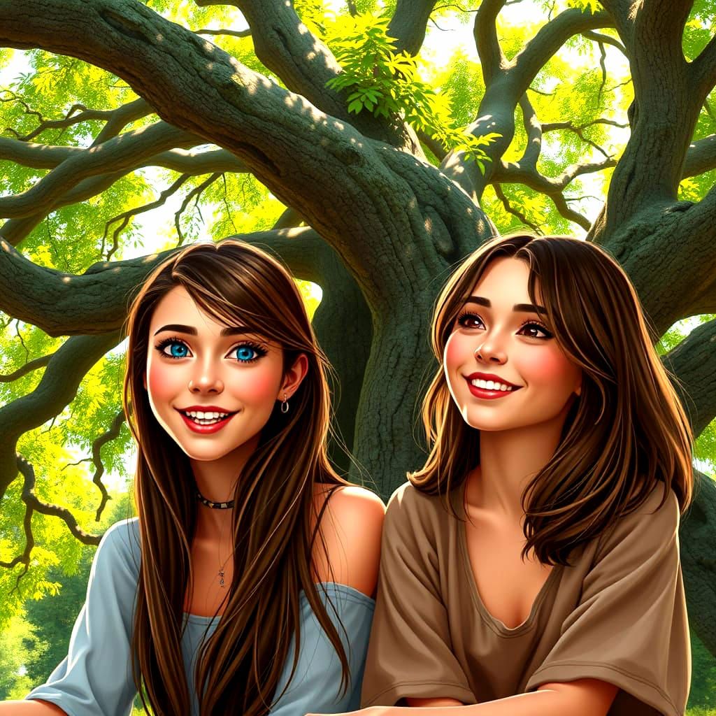 Two Young Women Share a Laughter-Filled Moment Under a Majes...