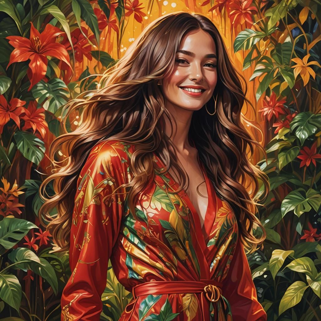 Model in Red Jumpsuit: Vibrant Digital Art