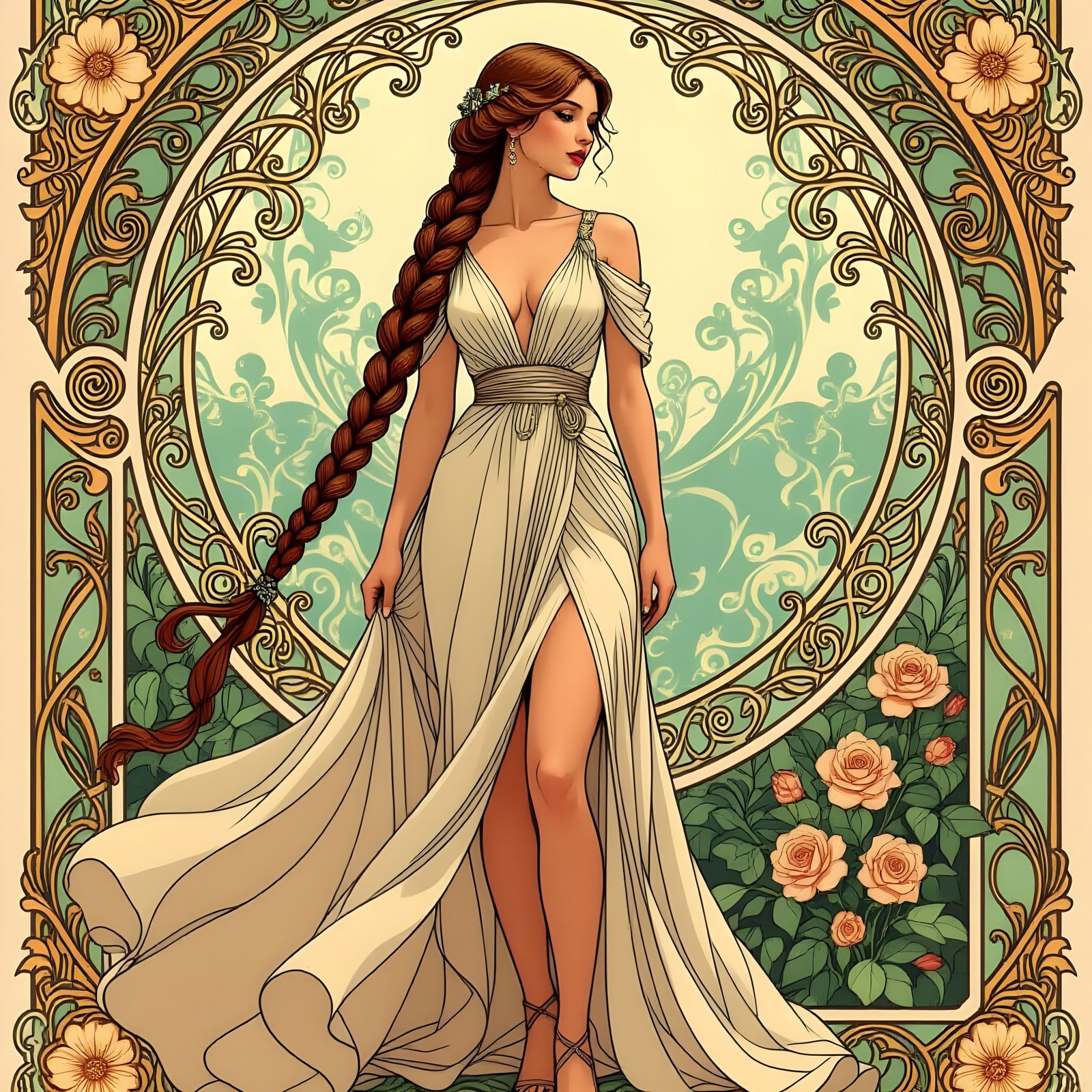 Woman in Gown with Mucha-Style Background