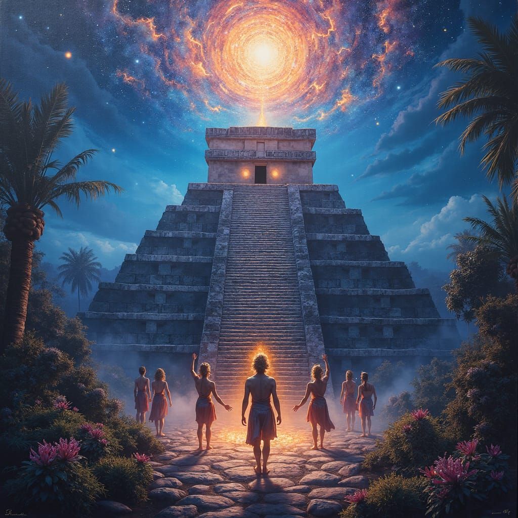Surreal Mayan Pyramid Among Cosmic Stars and Glowing Jungle