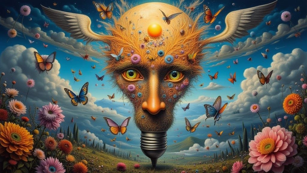 Surreal Butterfly Lightbulb with Floral Faces