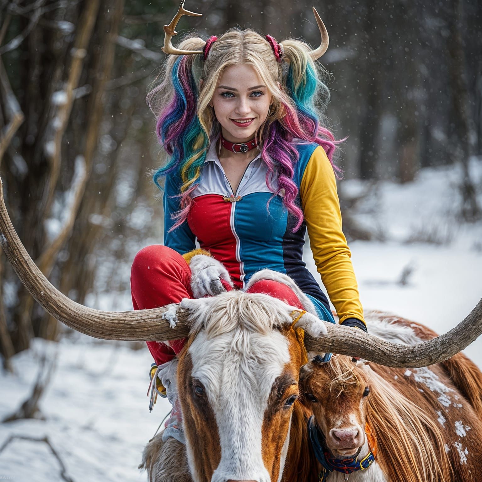 Hyperrealistic Woman Sits on a Majestic Cow in a Vibrant Win...