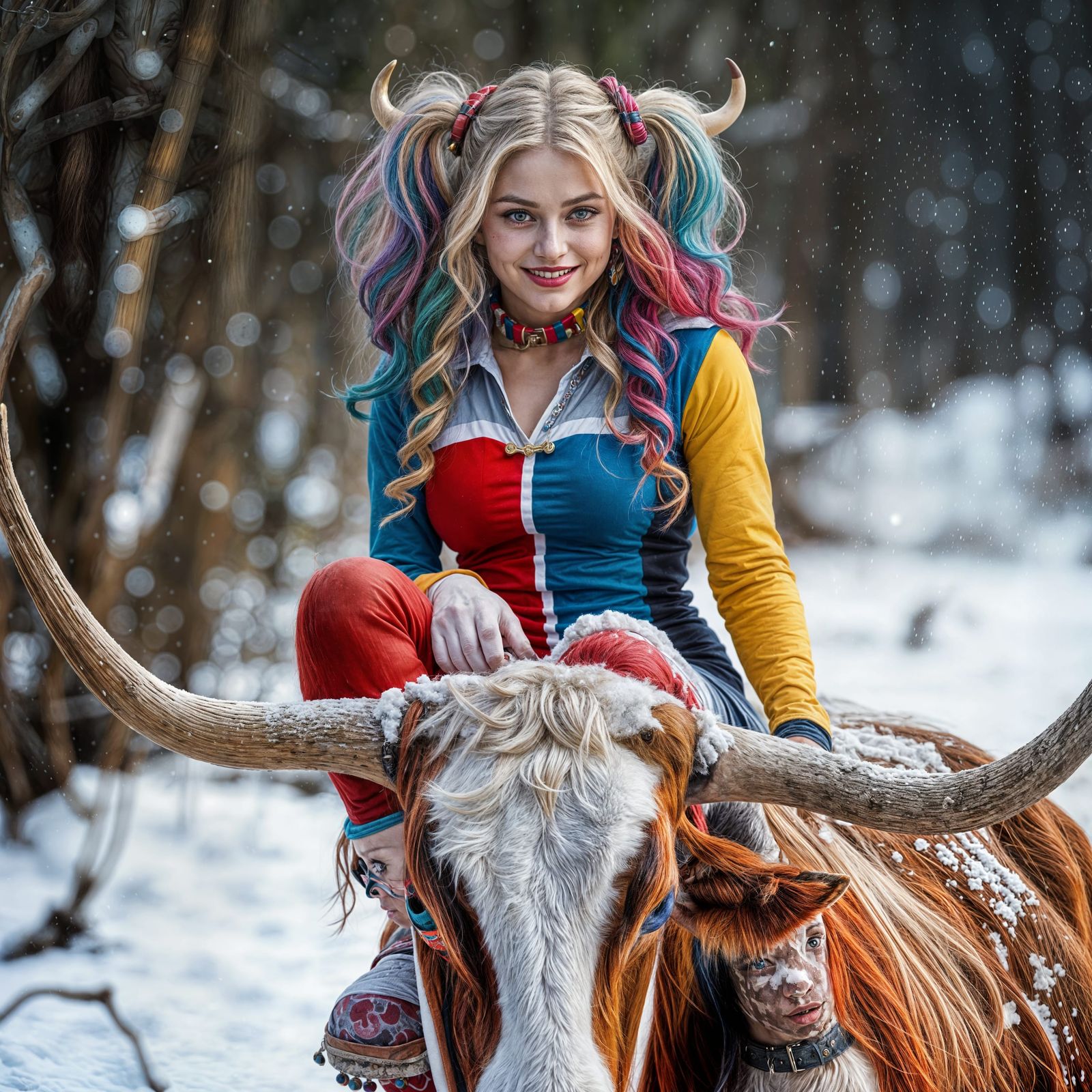 Hyperrealistic Harley Quinn on Antlered Cow in Snow