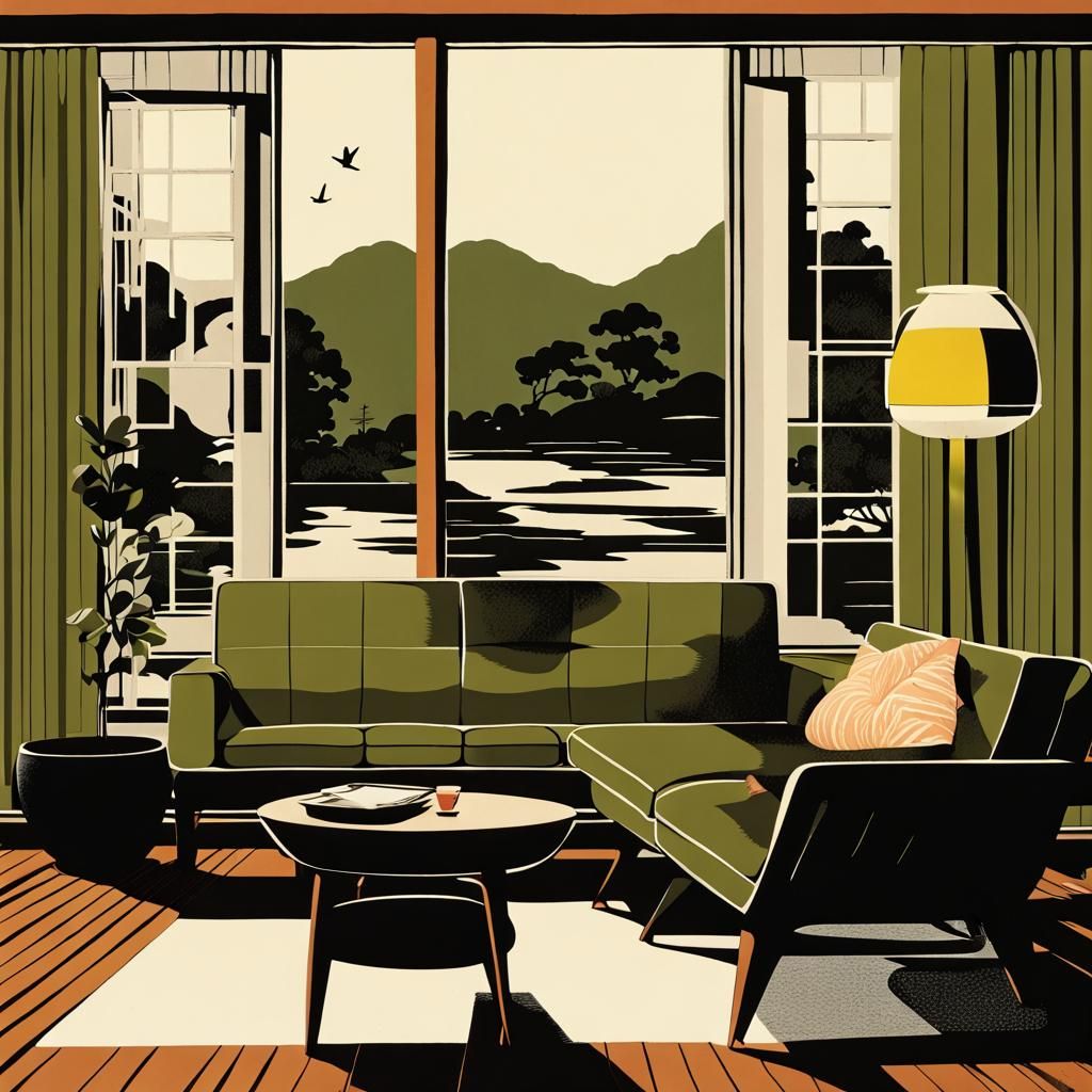 Mid-Century Modern Olive Sofa in Woodblock Print Style