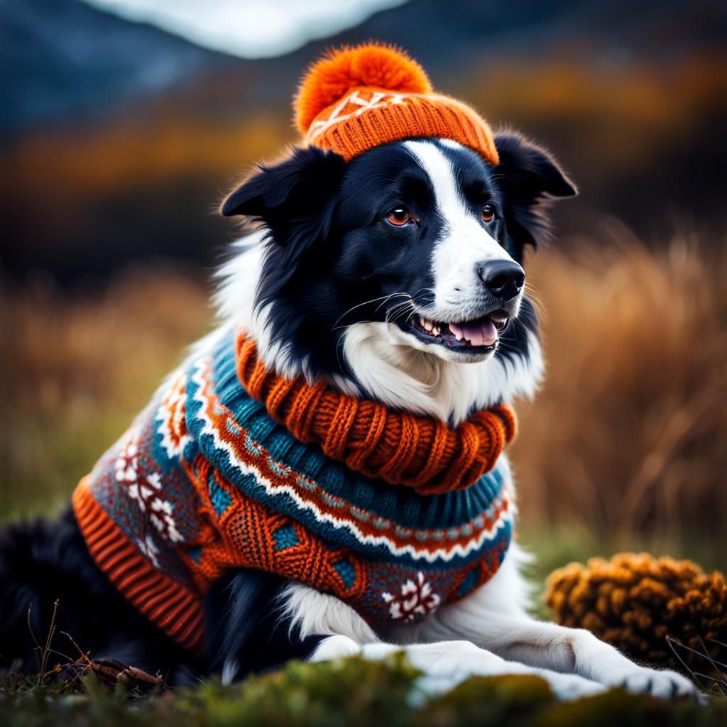 Border collie wearing an Icelandic knitted sweater