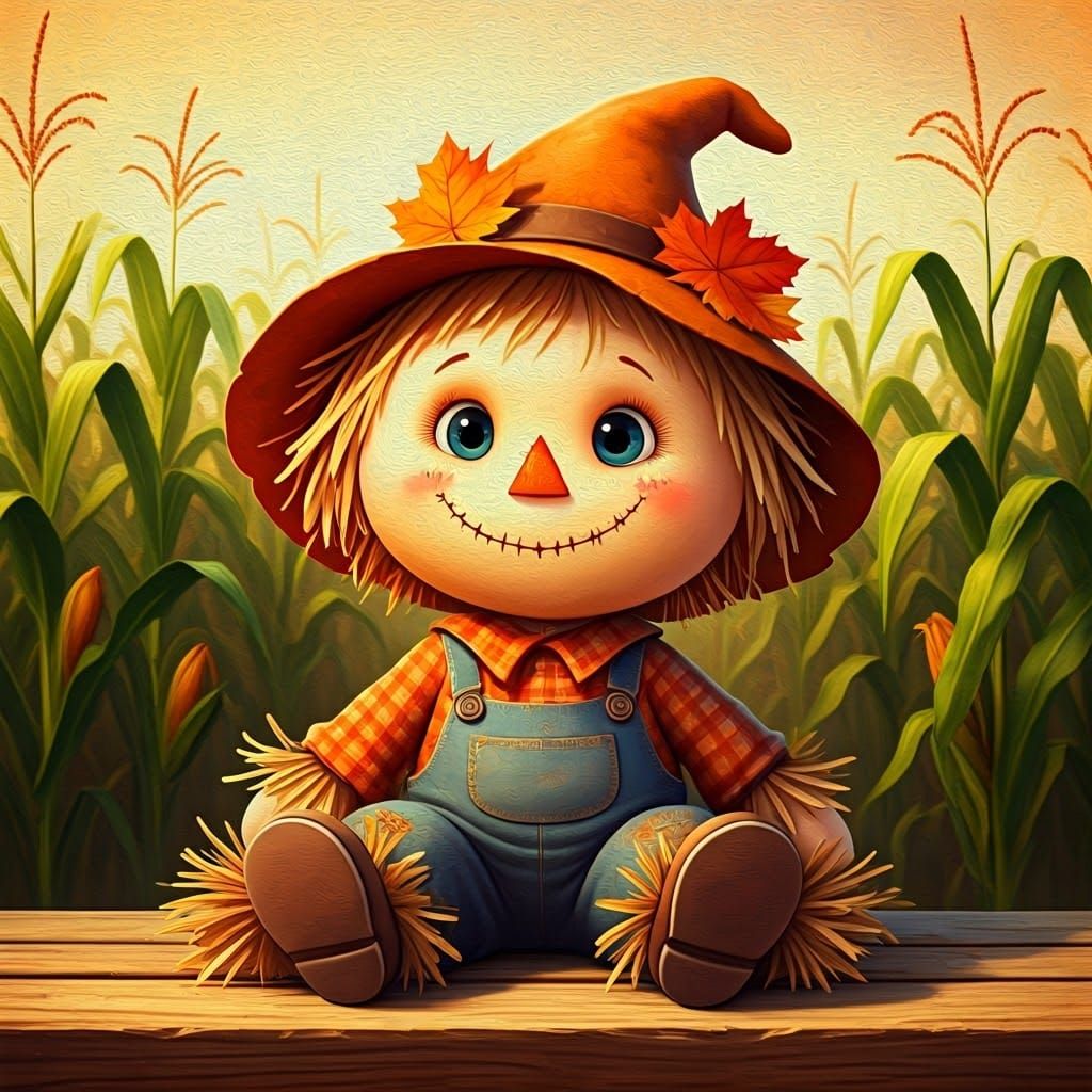 Pixar-Style Scarecrow in Cornfield with Autumn Decor