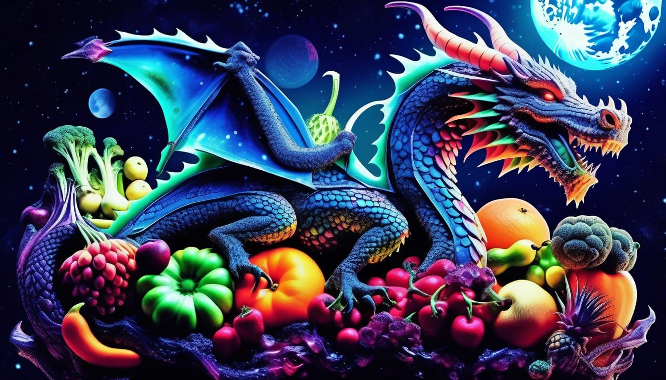 Bioluminescent Fruit Dragon on Spaceship in Acid Ink Style