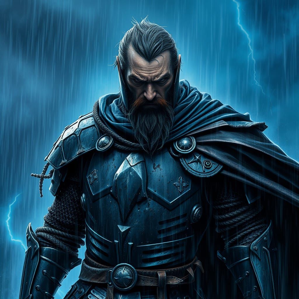 Dark Knight Amidst Turbulent Stormy Skies in Moody Matte Pai...