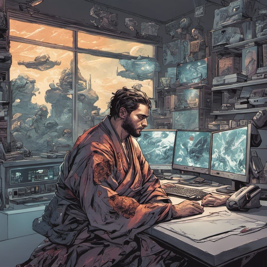 Brazilian Jiu Jitsu Fighter at Sci-Fi Desk, Comic Art