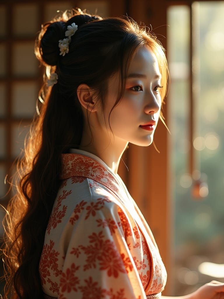 Japanese Princess in Sakura Kimono: Cinematic Portrait