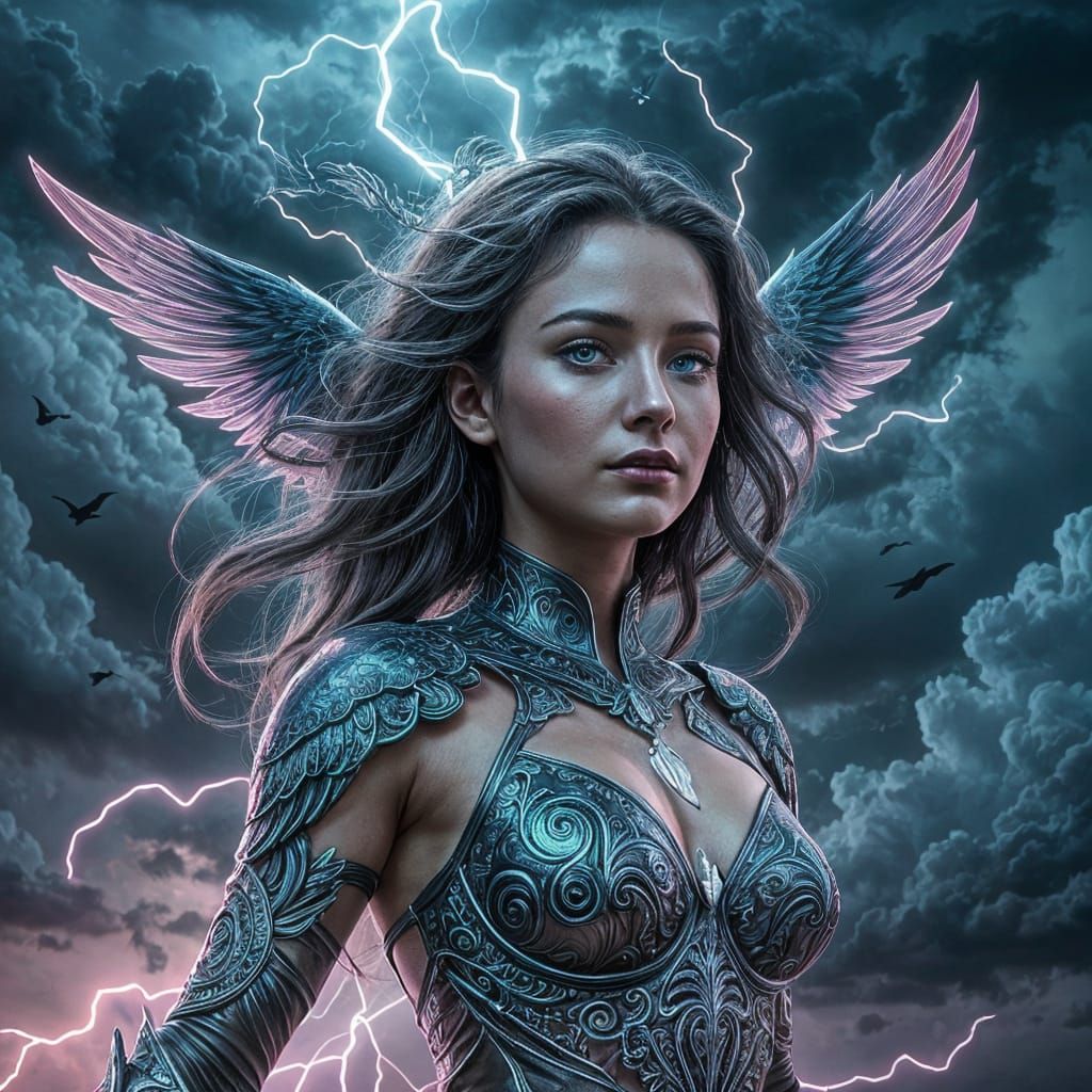 Illuminated Winged Goddess Ascends in Sci-Fi Fantasy