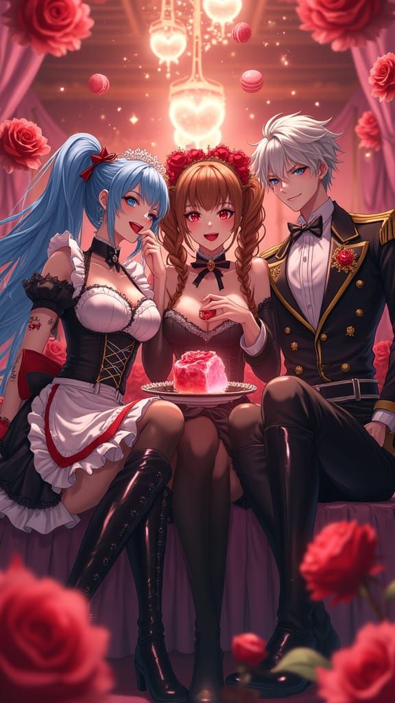 Romantic Fantasy Anime Scene with Exaggerated Characters and...