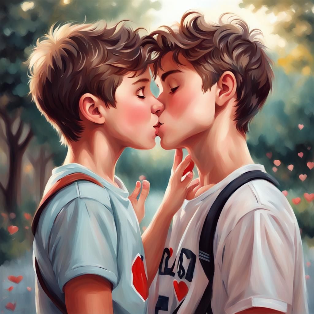 Painting Cute boy kissing cute boy