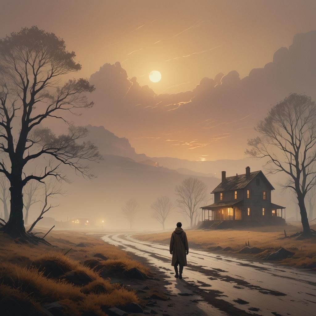 Lonely Figure in Foggy Landscape, Cinematic Lighting