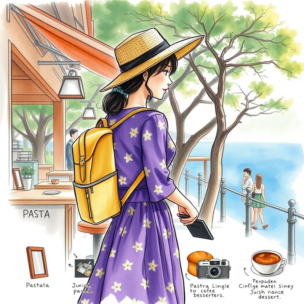 Seaside Coffee Shop: Watercolor Sketch Illustration