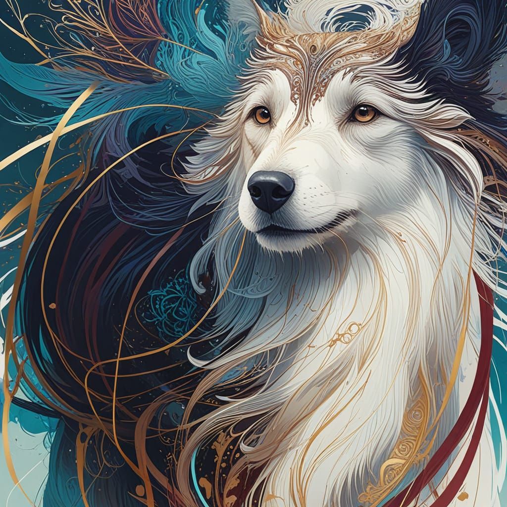 Surreal White Collie Portrait in Golden Outline Style