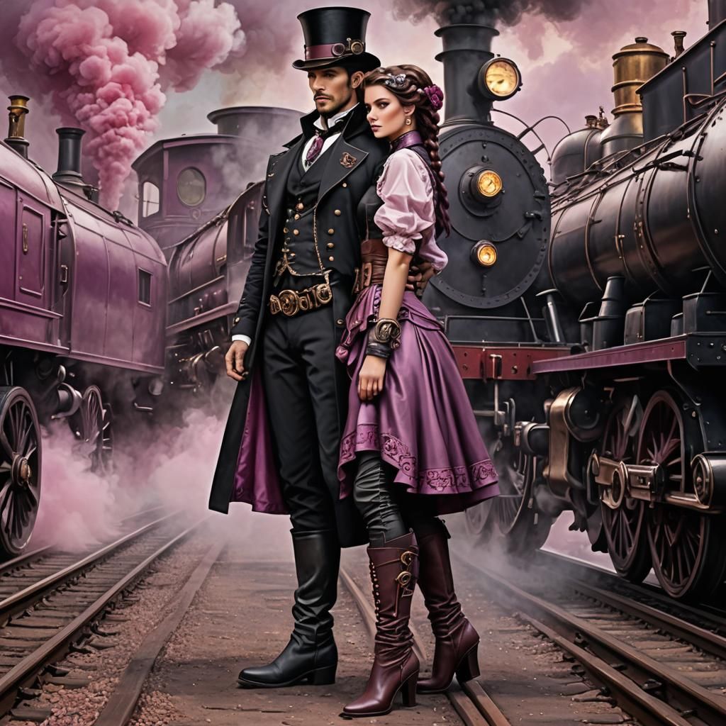 Steampunk Couple Portrait with Steam Train Backdrop