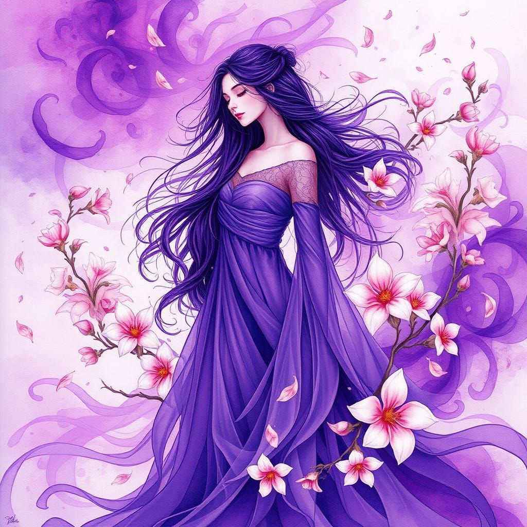 Ethereal Goddess in Vibrant Purple Realm