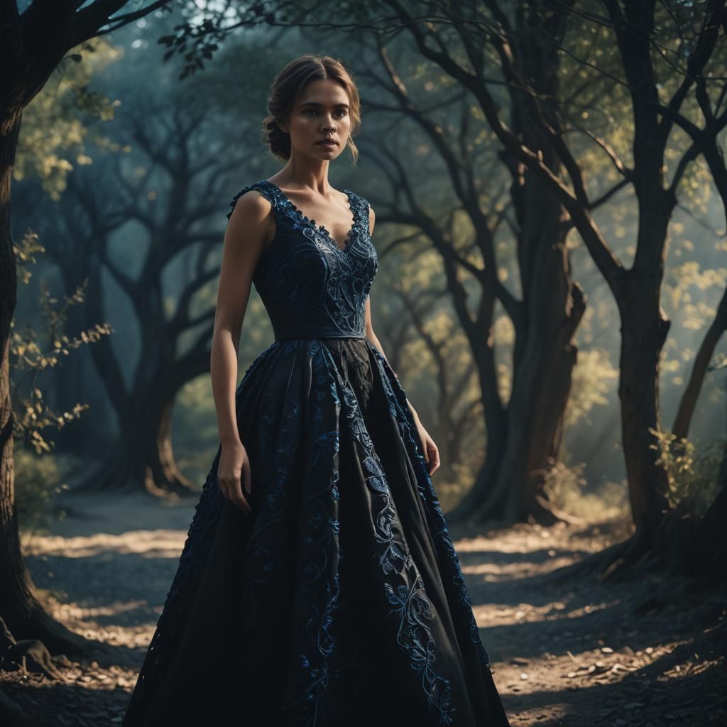Cinematic Film Still of Woman in Black and Blue Dress